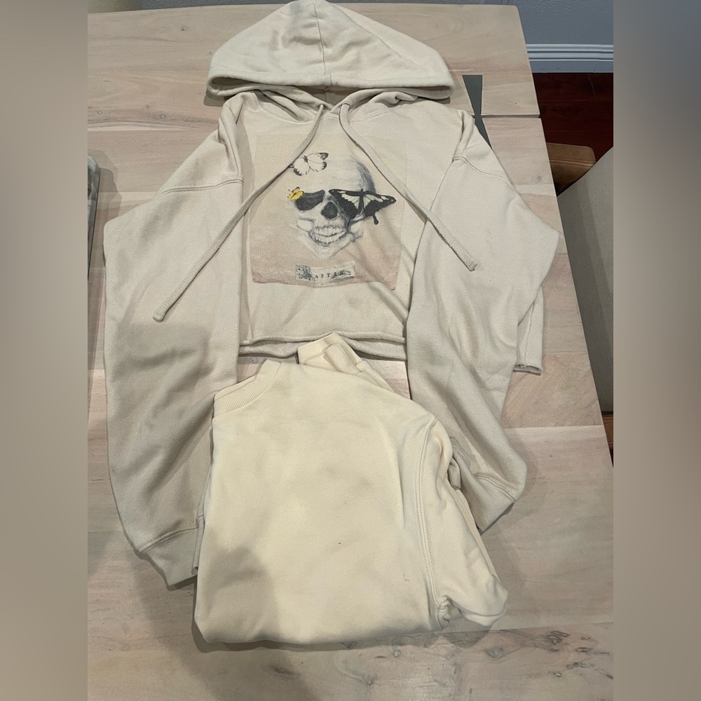 Cream Graphic Hoodie and Sweatshirt Set, lot of 2